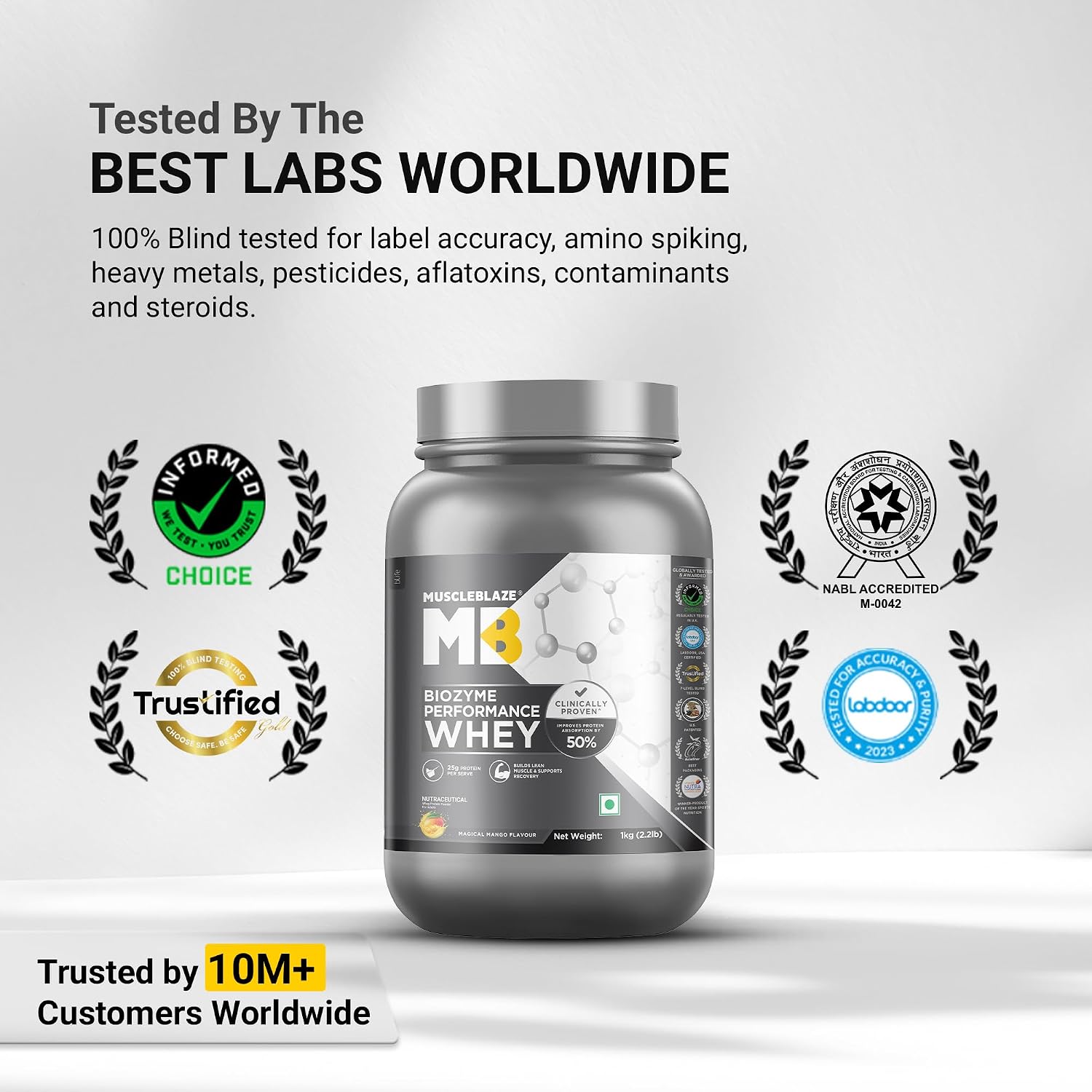 MuscleBlaze Biozyme Performance Whey Protein Powder, 1kg (2.2lbs) | Magical Mango | 25g Protein Per Scoop | Clinically Tested 50% Higher Protein Absorption