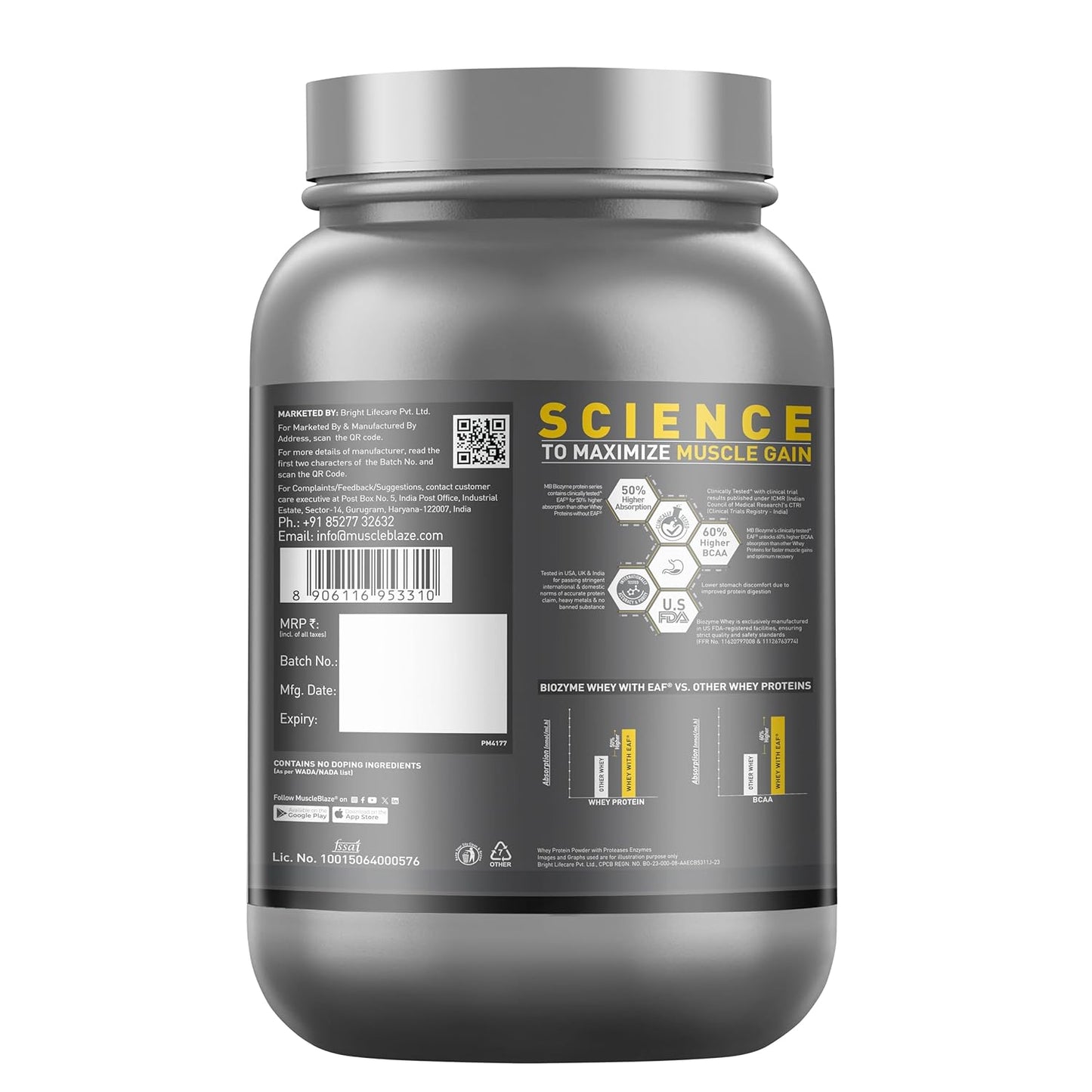 MuscleBlaze Biozyme Performance Whey Protein Powder, Rich Chocolate (1kg / 2.2lbs) | 25g Protein Per Scoop | Clinically Tested 50% Higher Protein Absorption