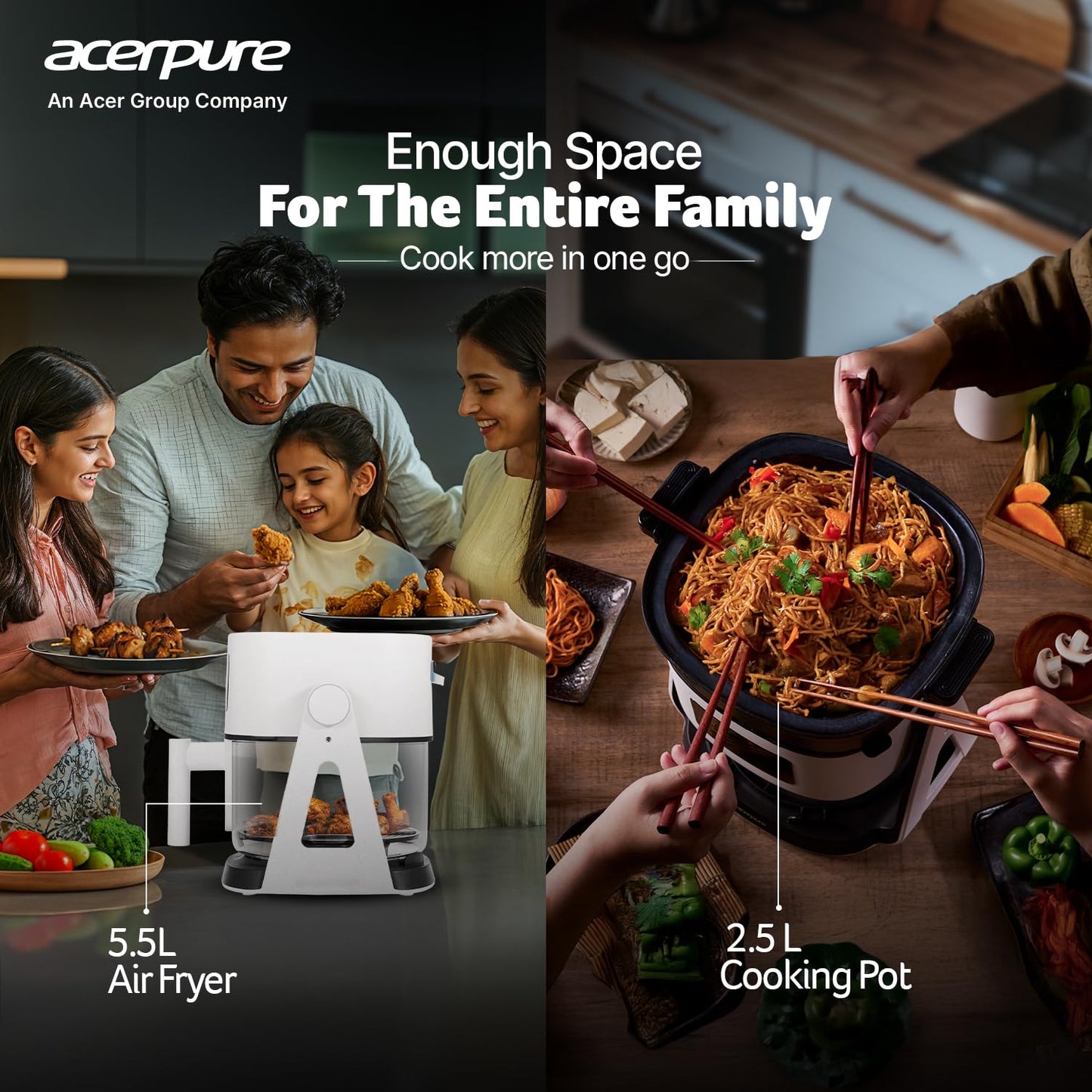 Acerpure Air Fryer | 100% Glass Bowl | 90% Less Oil | 5.5L Air Fryer + 2.5L Cooking Pot | Air Fry, Toast, Reheat, Grill, Cook | 360° TurboHeat Technology | Preset Modes | 1500 Watts | White