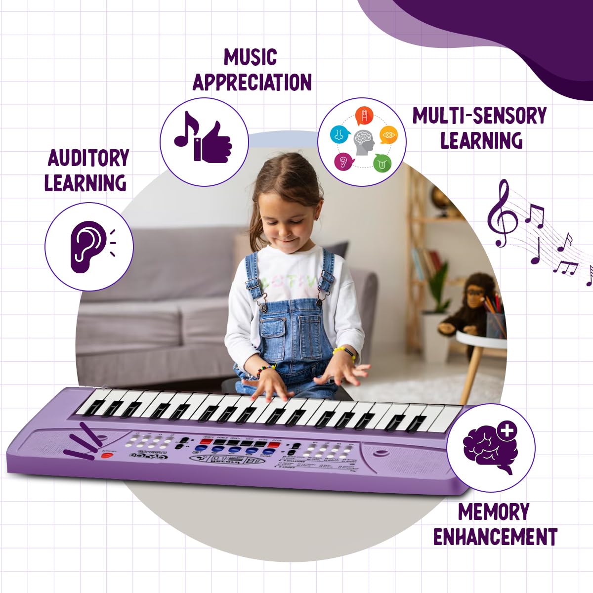 Gooyo GY-430CF 37-Key Musical Piano Keyboard with Microphone | 8 Rhythms, 8 Tones, 6 Demos, Song Record Feaure | Dual Power Supply (USB Included) | Purple Color | Gift Box Packaging