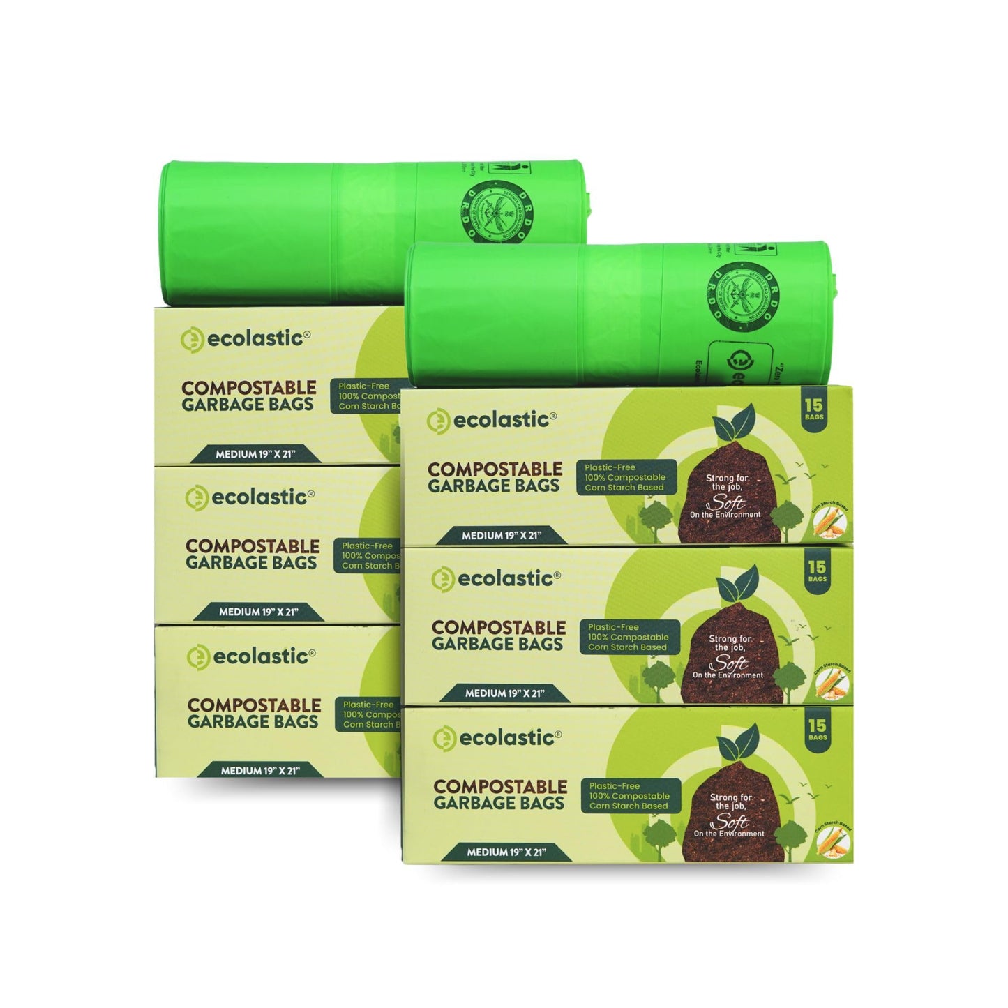 Ecolastic 100% Compostable & Eco-friendly Garbage Bags I SMALL (17 x 19 in.) I 75 bags I Pack of 5 I Capacity 20L I Green Colour