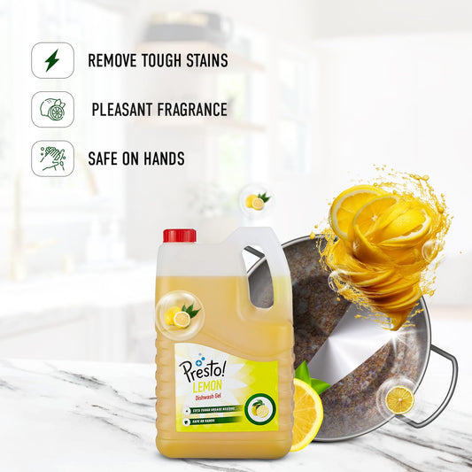 Amazon Brand - Presto! Dishwash Gel | Lemon | 5 Litre Refill Can | Dishwash Liquid | Cuts Through Grease | Safe On Hands