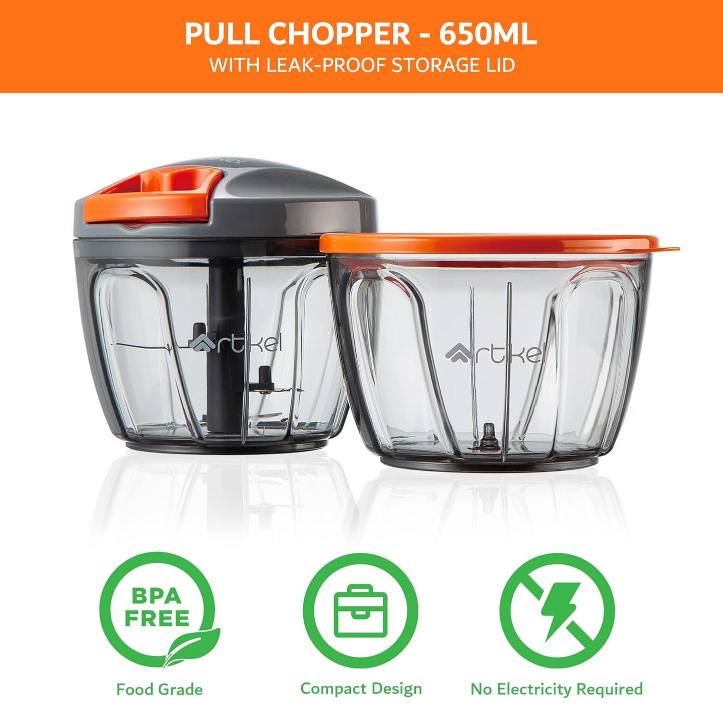 Artikel Manual Chopper with Storage Lid | Chops Vegetables, Nuts & Fruits | Meat Mincer | Medium - 650 mlGrey & Orange - Springkart 