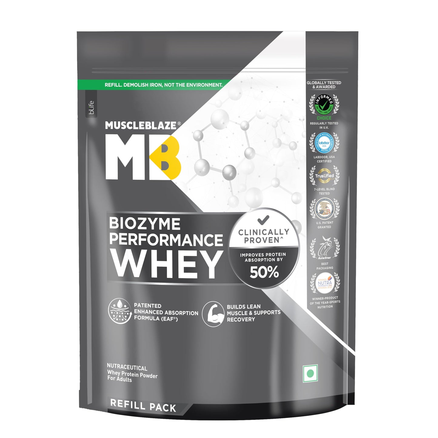 MuscleBlaze Biozyme Performance Whey Protein Powder, 1kg (2.2lbs) | Magical Mango | 25g Protein Per Scoop | Clinically Tested 50% Higher Protein Absorption