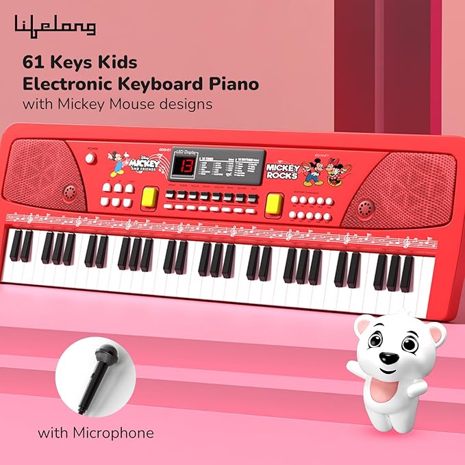 Lifelong Disney Mickey Electronic Piano Keyboard - 61 Keys | Mic & One Side Speaker | 16 Tones, 10 Rhythms, 8 Percussions | Song Record, Finger Chord & Demo Modes | Microphone, USB Powered | 2+ years