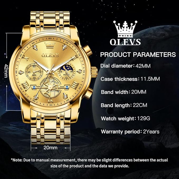 OLEVS Mens Chronograph Watch Gold Silver Stainless Steel Chain Quartz Wrist Watches Business Dress Waterproof Luminous Date Watch