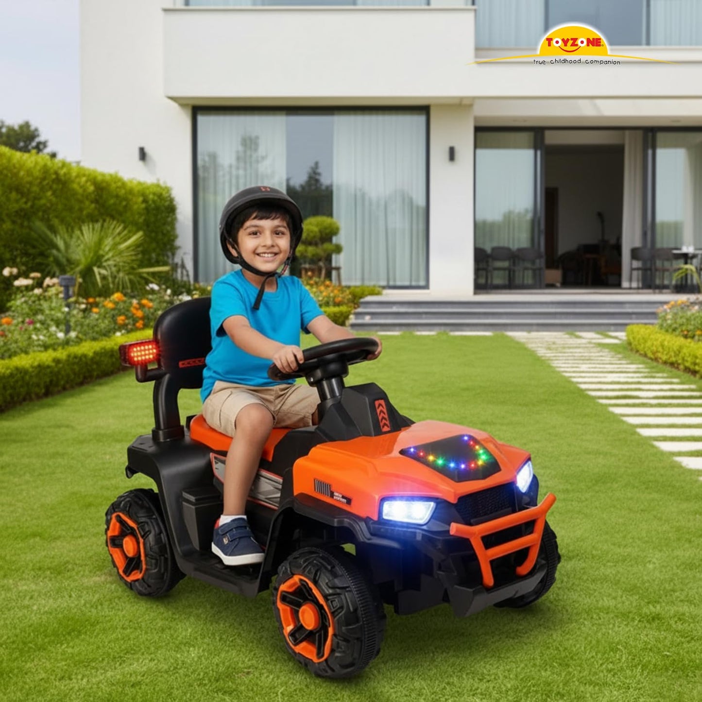 Toyzone Impex Pvt Ltd Super Speedo Electric Ride On Jeep Without Remote-Orange|Rechargeable Car 6V & 6.5Ah Battery|Music Player with Bluetoooth & USB |6 Month Battery Warranty,Kids 2+ Years