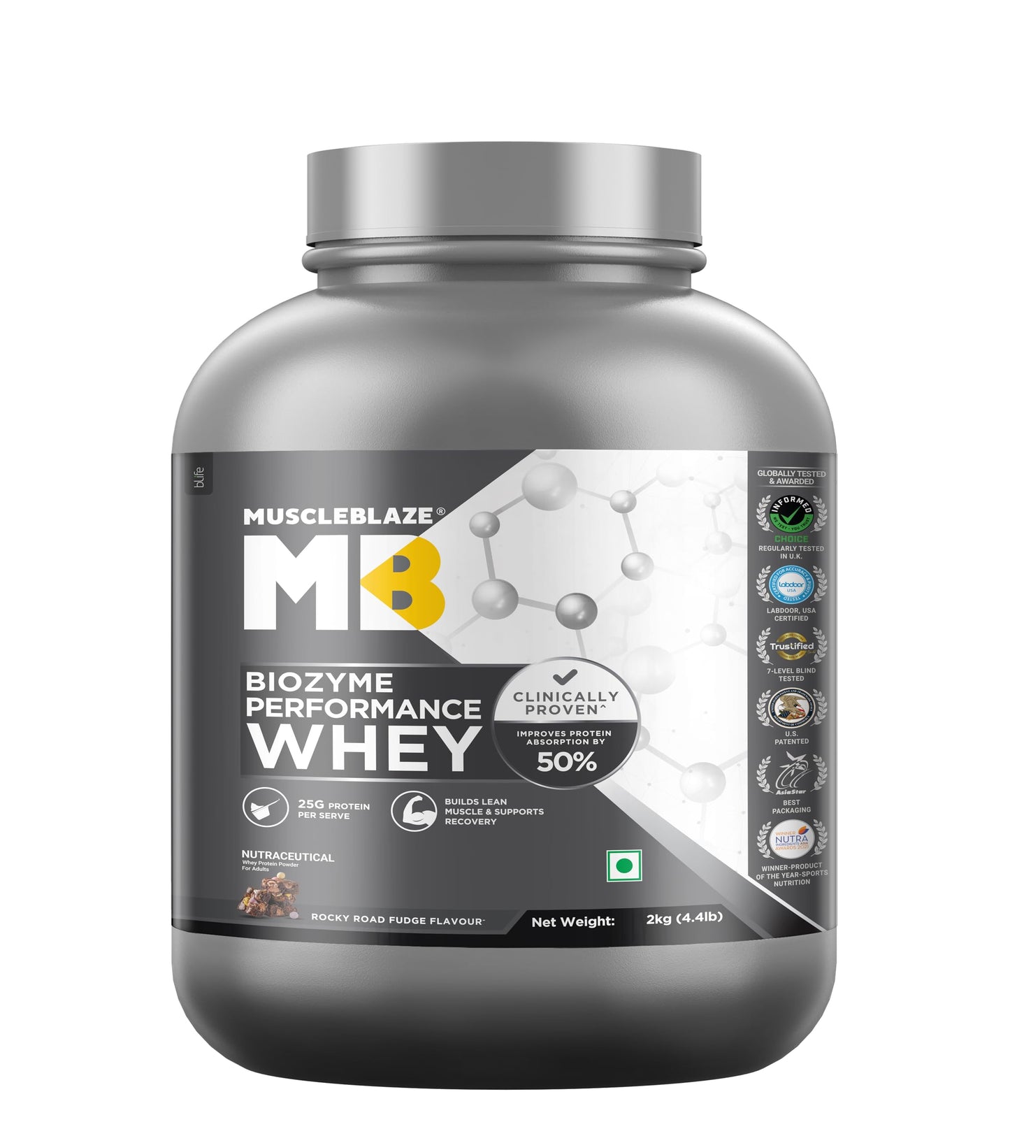 MuscleBlaze Biozyme Performance Whey Protein Powder, 1kg (2.2lbs) | Magical Mango | 25g Protein Per Scoop | Clinically Tested 50% Higher Protein Absorption