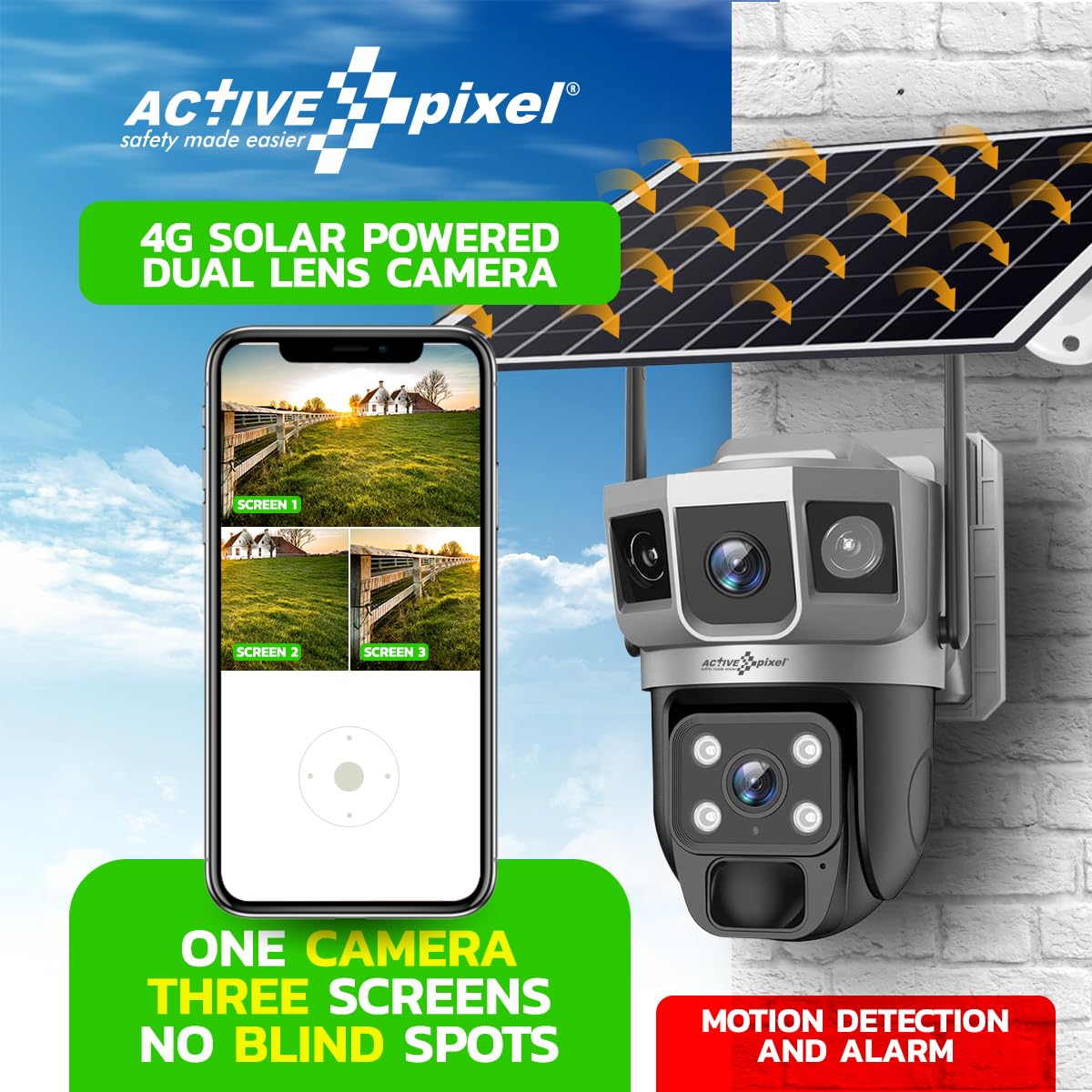 Active Pixel 4G Dual Camera 4mp+4mp Lens Solar Powered | 4G SIM | IP66 Waterproof | 2-Way Audio | Outdoor Surveillance for Agriculture,Construction Site,Farm,Garden etc (Solar Dual Camera)
