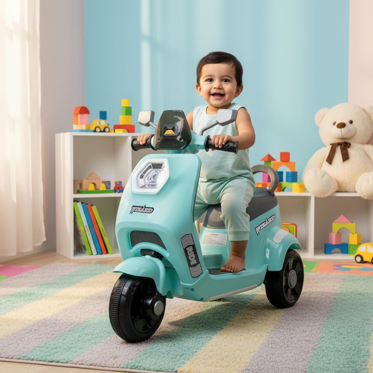 Toyzone Wizard Electric Scooty | Rechargeable Scooty 6V | Powered by 6.5 ah Battery | Music Player with Bluetoooth & USB | 6 Month Warranty on Battery | Make in India | for Kids 2+ Years (Blue)