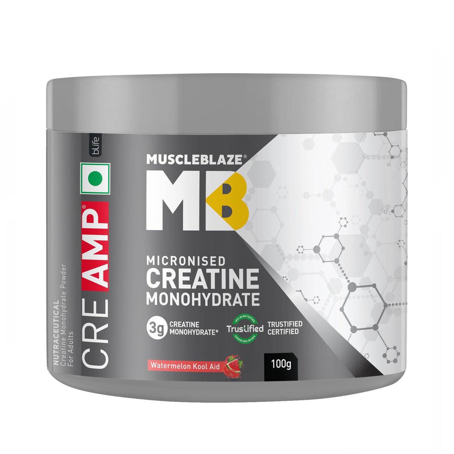 MuscleBlaze Micronised Creatine Monohydrate CreAMP Powder, Unflavoured (32 Servings, 100g) | Trustified Certified Creatine