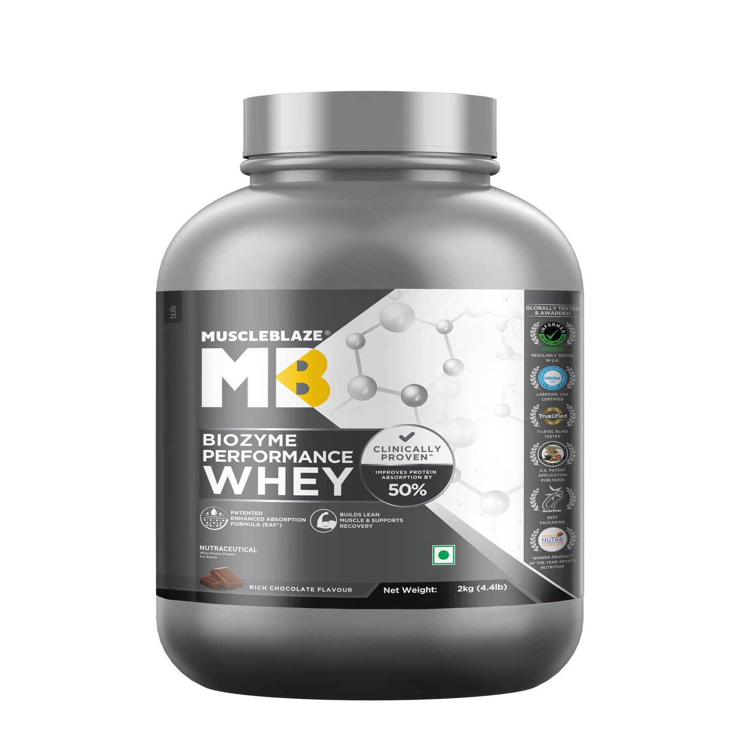 MuscleBlaze Biozyme Performance Whey Protein Powder, Chocolate Peanut Butter (2kg / 4.4lbs) | 25g Protein Per Scoop | Clinically Tested 50% Higher Protein Absorption