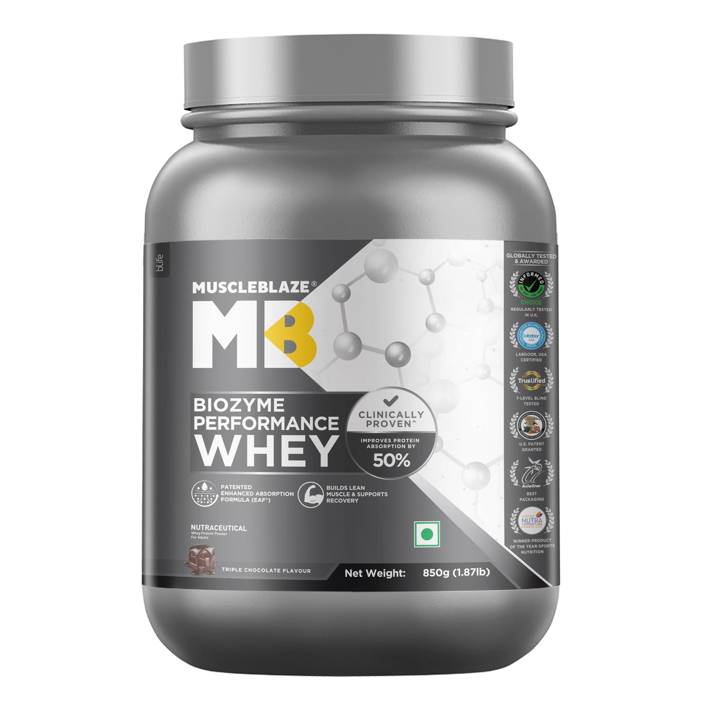 MuscleBlaze Biozyme Performance Whey Protein Powder, Chocolate Peanut Butter (2kg / 4.4lbs) | 25g Protein Per Scoop | Clinically Tested 50% Higher Protein Absorption