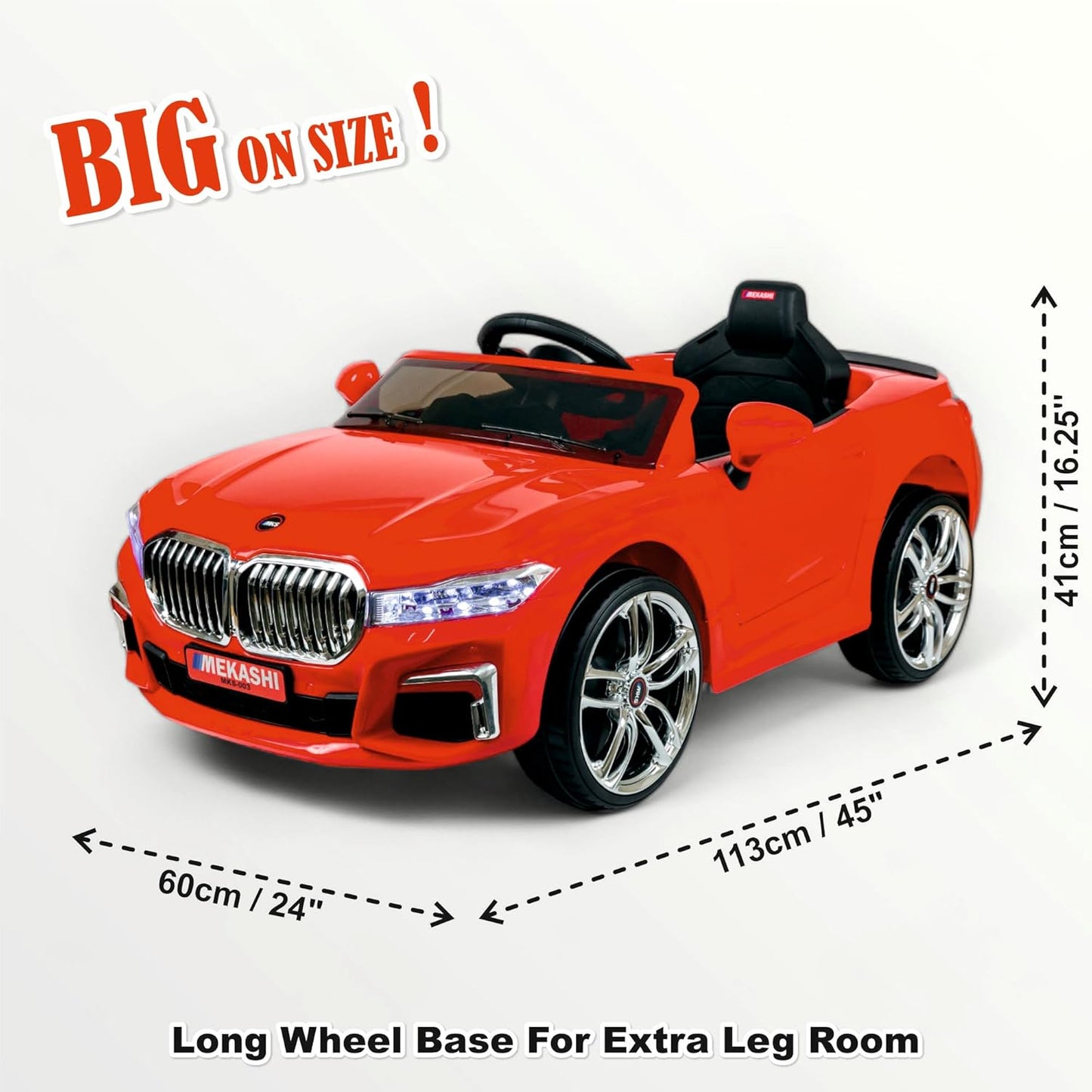 MEKASHI Electric Ride on Car for Kids, Parental Remote, 12V Rechargeable Battery, 3 Speed, LED Lights, Music, Bluetooth, 1 to 7 Years, Swing Function, Long Wheelbase, ISI Mark, MKS003-Red