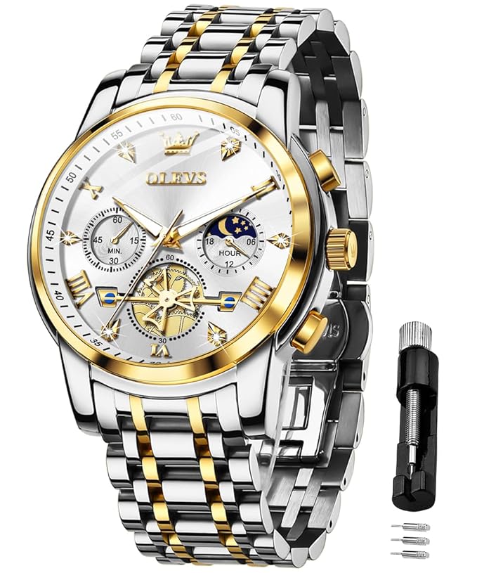 OLEVS Mens Chronograph Watch Gold Silver Stainless Steel Chain Quartz Wrist Watches Business Dress Waterproof Luminous Date Watch