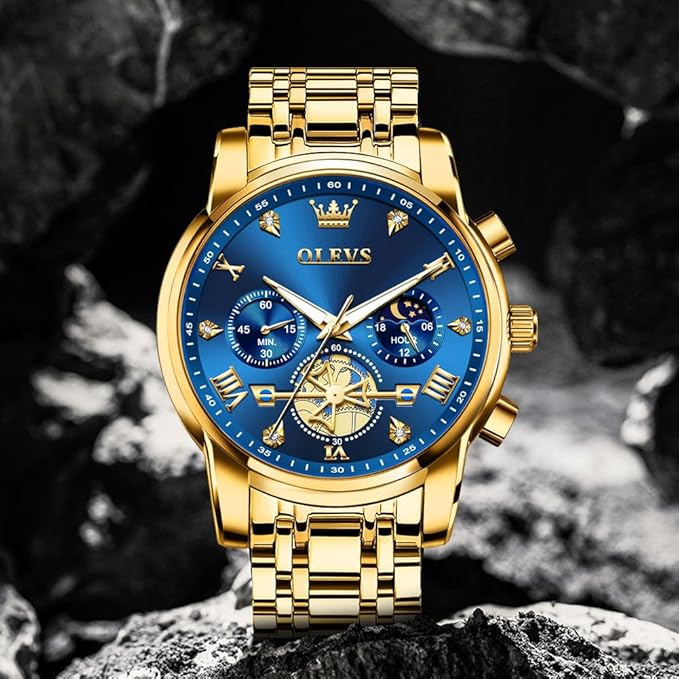 Buy OLEVS Mens Chronograph Watches Gold Stainless Steel Chain Quartz Wrist Watches Business Dress Waterproof Luminous Date Watch at Amazon.in