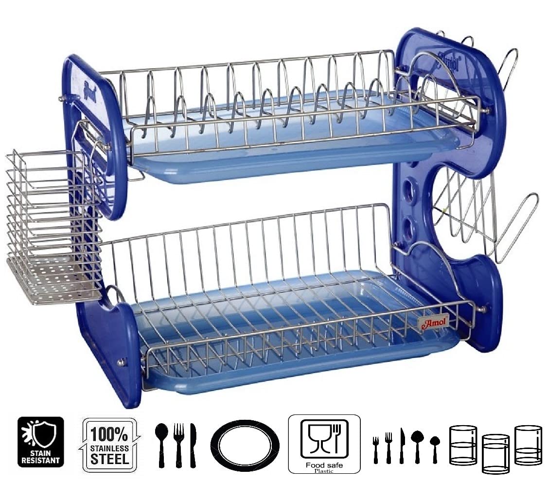 STAINLESS STEEL DRAIN BOWL STORAGE RACK HOLDER PLATE DISH CUTLERY CUP RACK WITH TRAY KITCHEN SHELF STAND - Springkart 