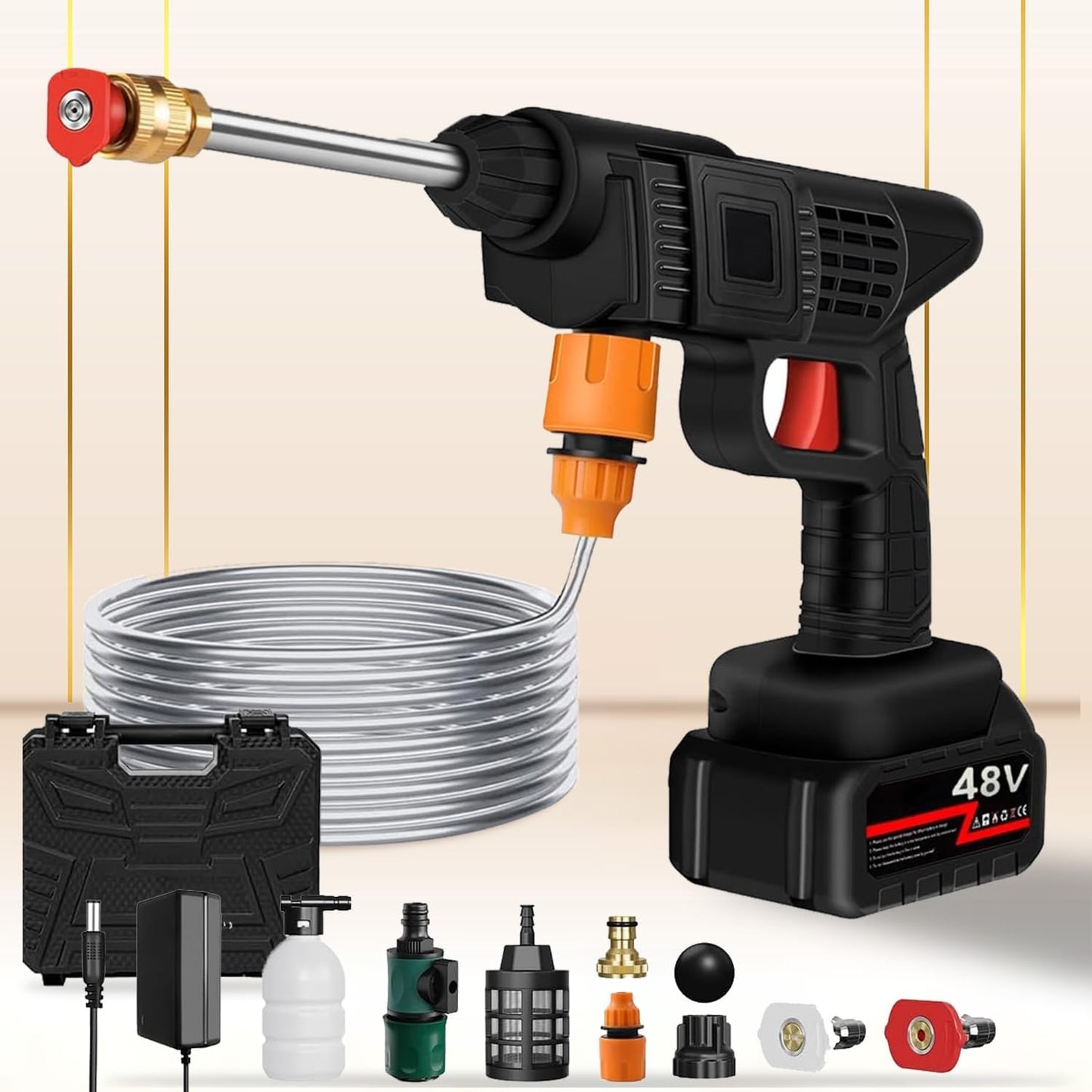 Cordless Car Washer High Pressure Gun - Car Washing 48V Rechargeable Electric Pressure Washer Gun Bike, Car Washing Pump, Portable Car Washer with Adjustable 3 in 1 Nozzle and 5M Pipe. (Dark Black)