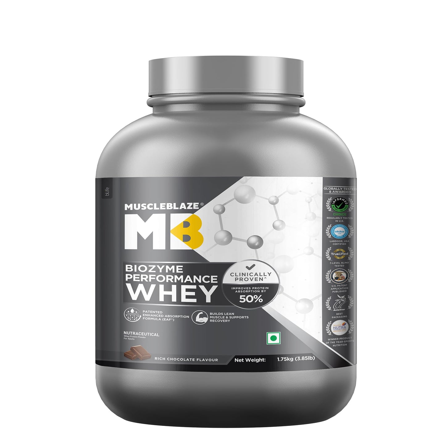 MuscleBlaze Biozyme Performance Whey Protein Powder, Rich Chocolate (1kg / 2.2lbs) | 25g Protein Per Scoop | Clinically Tested 50% Higher Protein Absorption