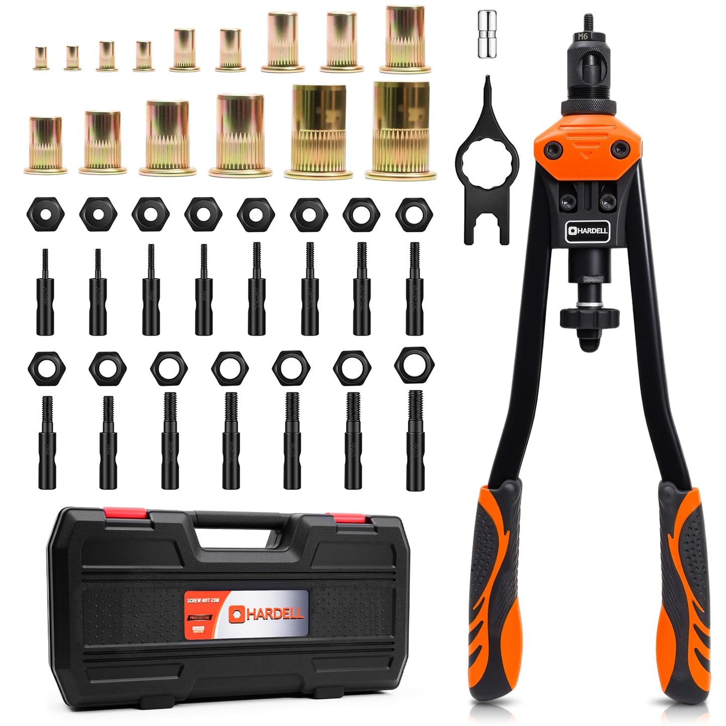 HARDELL Rivet Nuts Tool, 14" Hand Rivet Tool Kits with 100Pcs Rivet Nuts and 7 Metric & Inch Mandrels M6 M8 M10, 1/4-20, 5/16-18, 3/8-16, 10-24 and Rugged Carrying Case - Springkart 
