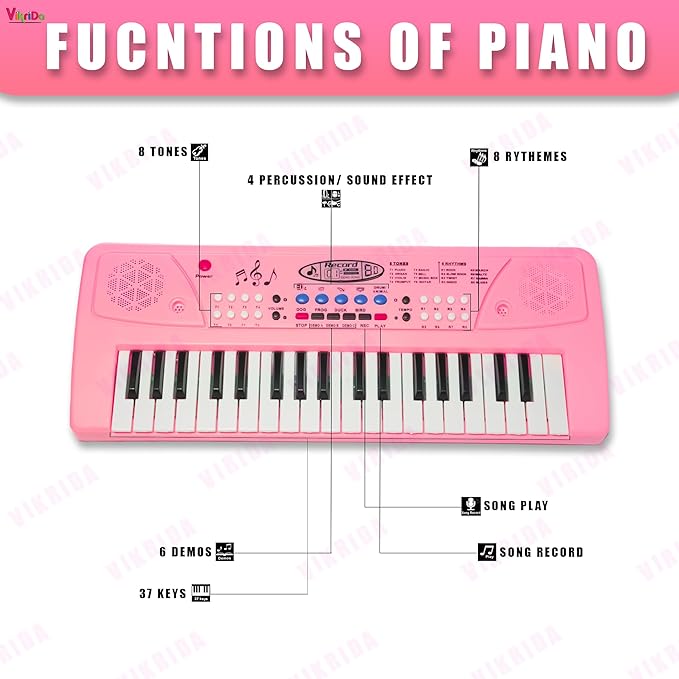 VikriDA Kids Keyboard Piano, 37 Keys Piano Keyboard with Power Option (37 Keys and 8 Tones, 8 Rhythms 4 Percussion) Pink