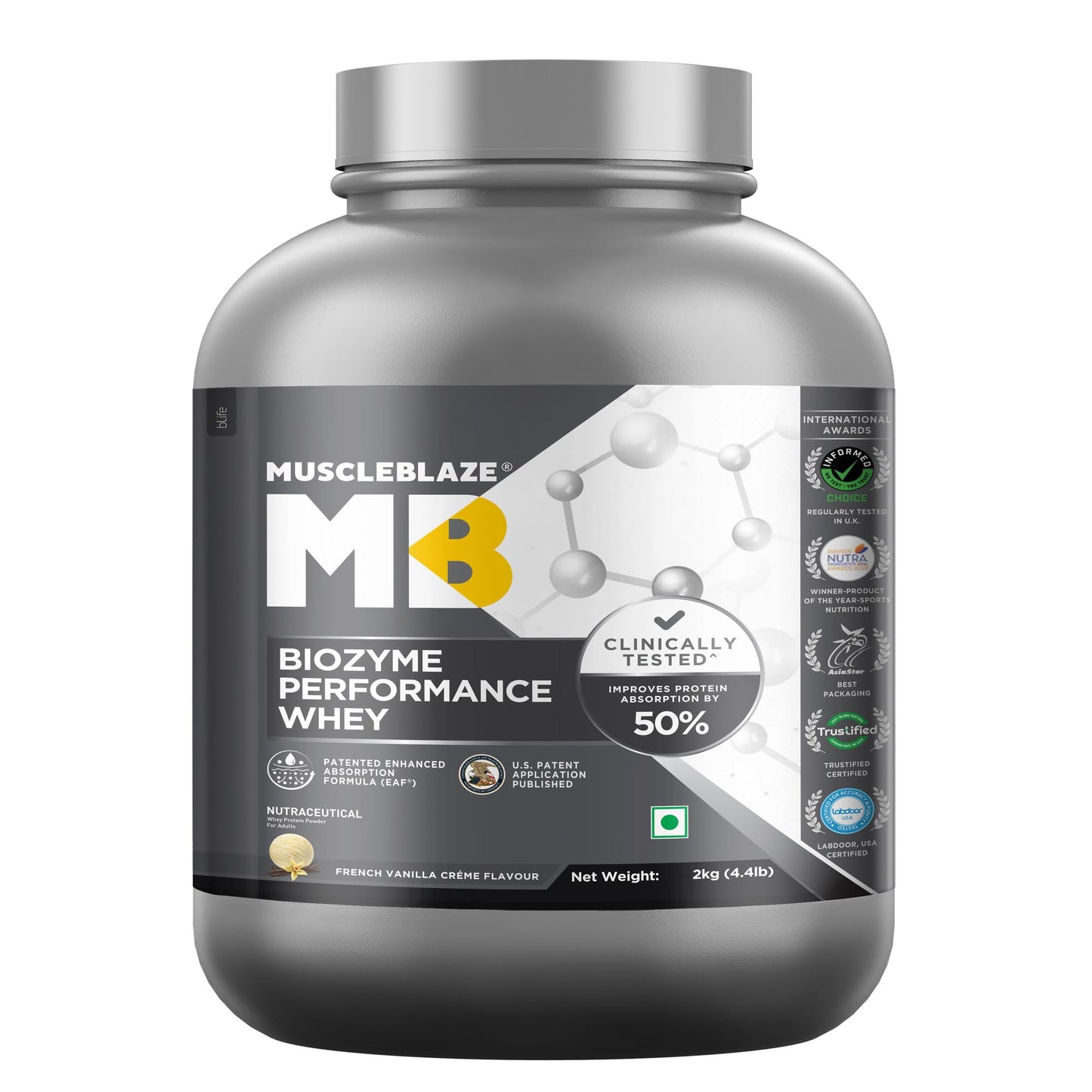 MuscleBlaze Biozyme Performance Whey Protein Powder, Rich Chocolate (1kg / 2.2lbs) | 25g Protein Per Scoop | Clinically Tested 50% Higher Protein Absorption