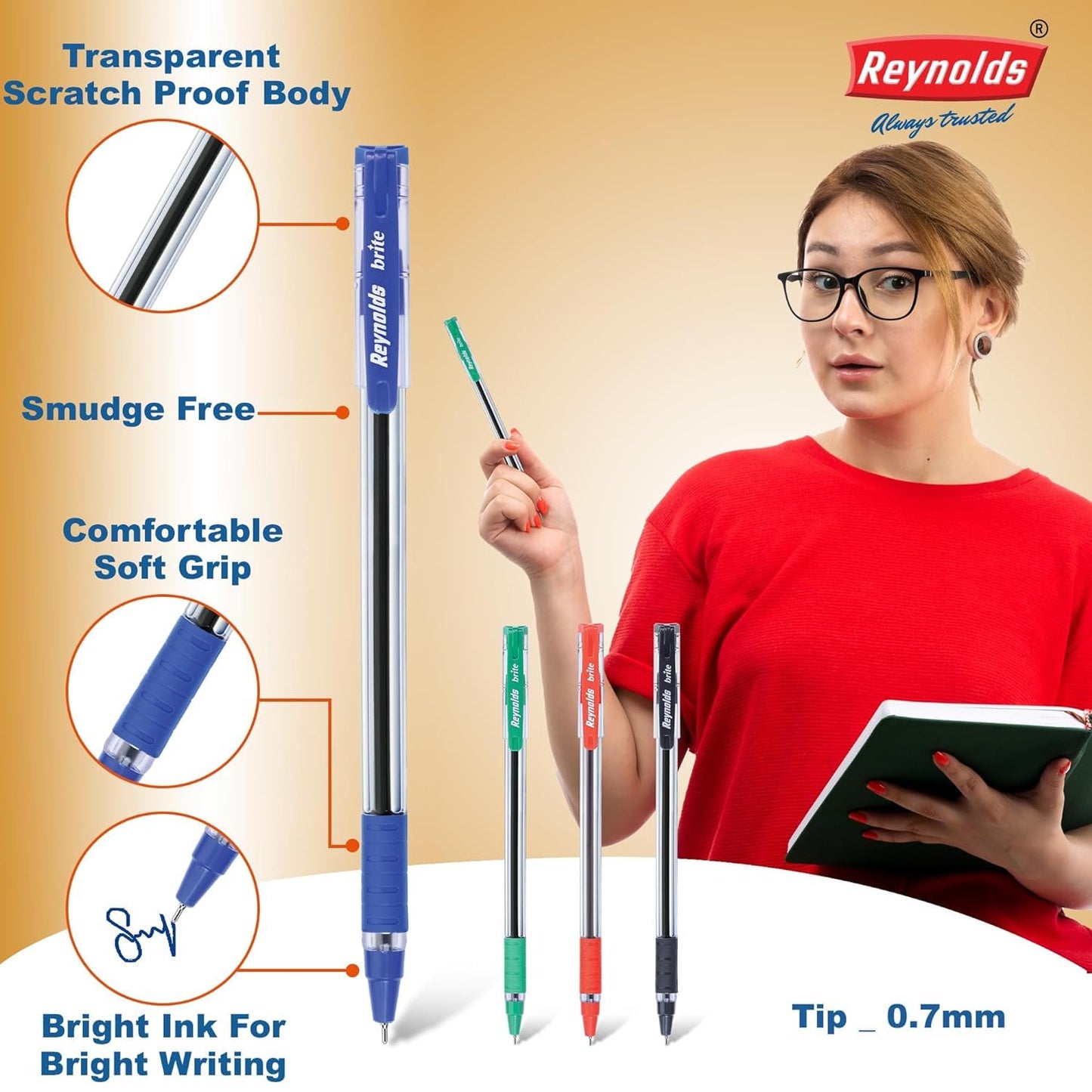 Reynolds BRITE Ball Pen SET - 25 BLUE PENS WITH COMFORTABLE GRIP | BALL PENS FOR WRITING | PEN FOR STUDENTS & OFFICE STATIONERY | 0.7 mm TIP SIZE - Springkart 