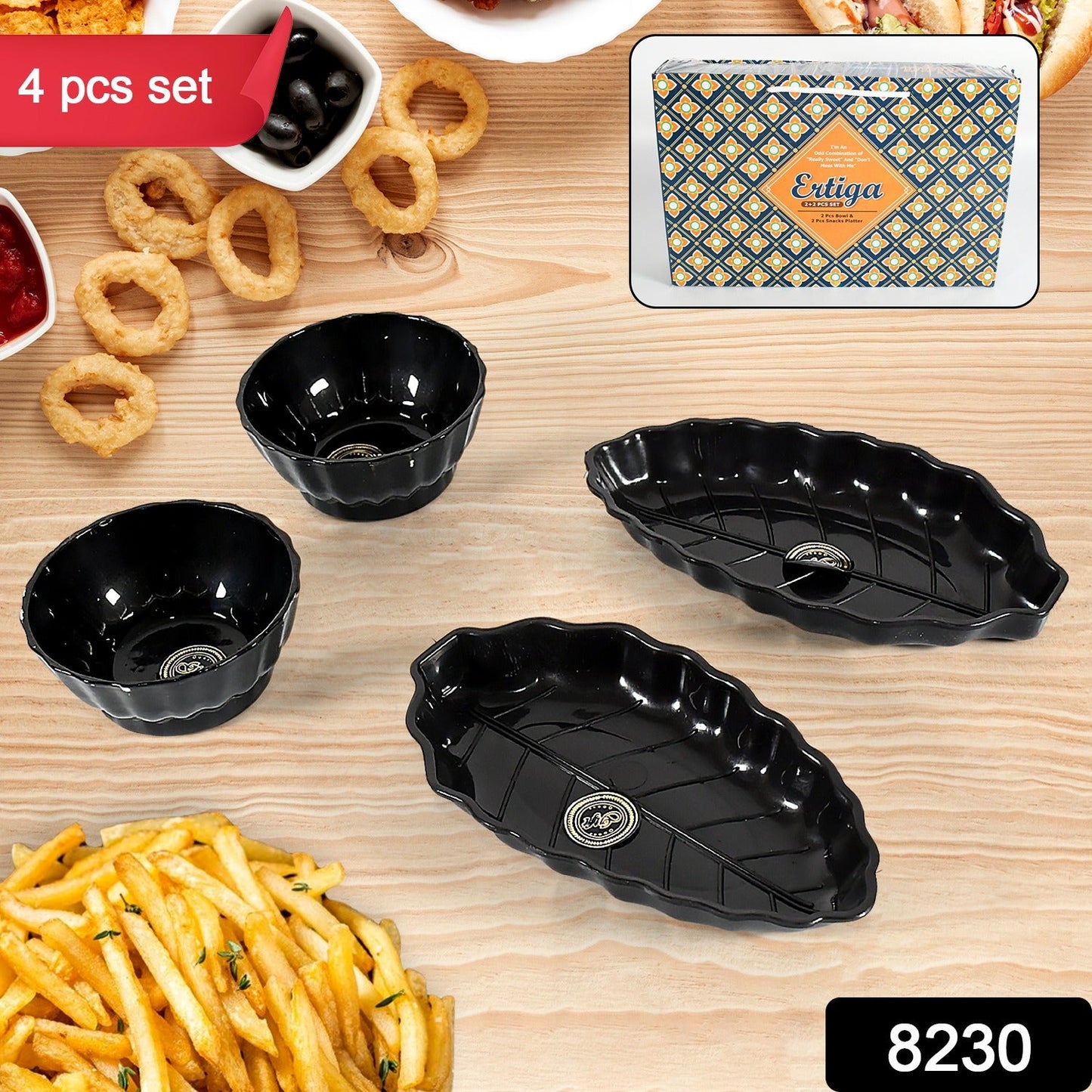 Ertiga Round Ceramic Bowl With Plastic leaf shape Serving platter Portable, Lightweight Breakfast, Serving Bowl | Highly Durable Material | Ideal for Rice, Pasta, Desserts Home & Kitchen Serving Bowl & platter (4 Pcs set) - Springkart 
