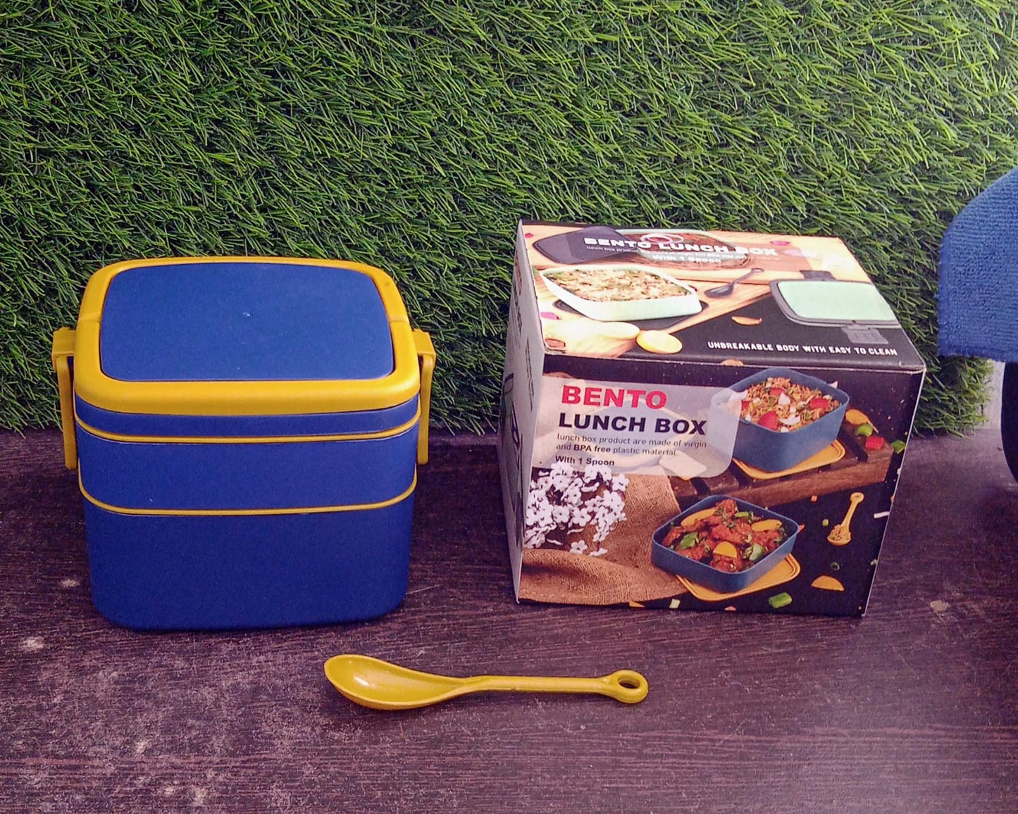 BLUE DOUBLE-LAYER PORTABLE LUNCH BOX STACKABLE WITH CARRYING HANDLE AND SPOON LUNCH BOX , Bento Lunch Box - Springkart 