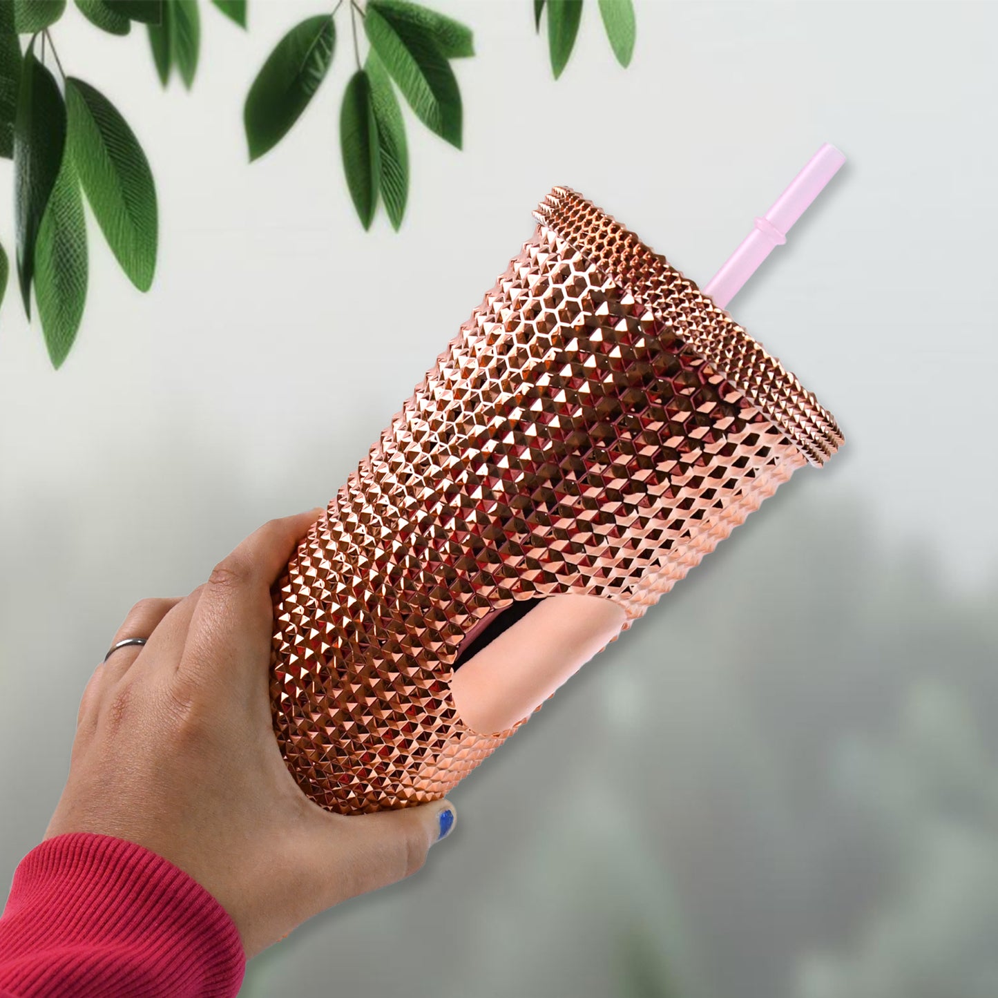 Studded Cup Tumbler Straw Lid - Plastic Double Walled Cold Cup For Iced Coffee - Springkart 