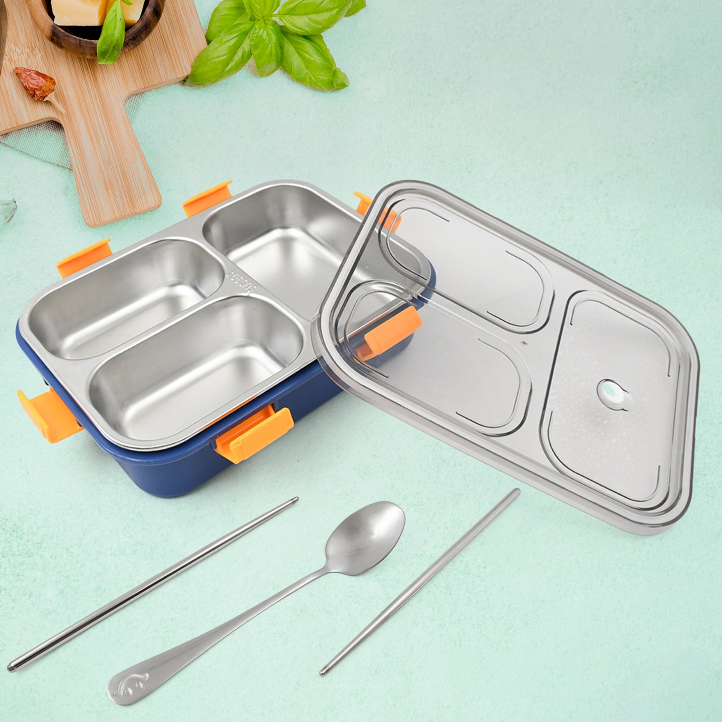 3 Compartment Transparent Stainless Steel Lunch Box With A Spoon And A Pair Of Chopsticks (1 Set) - Springkart 