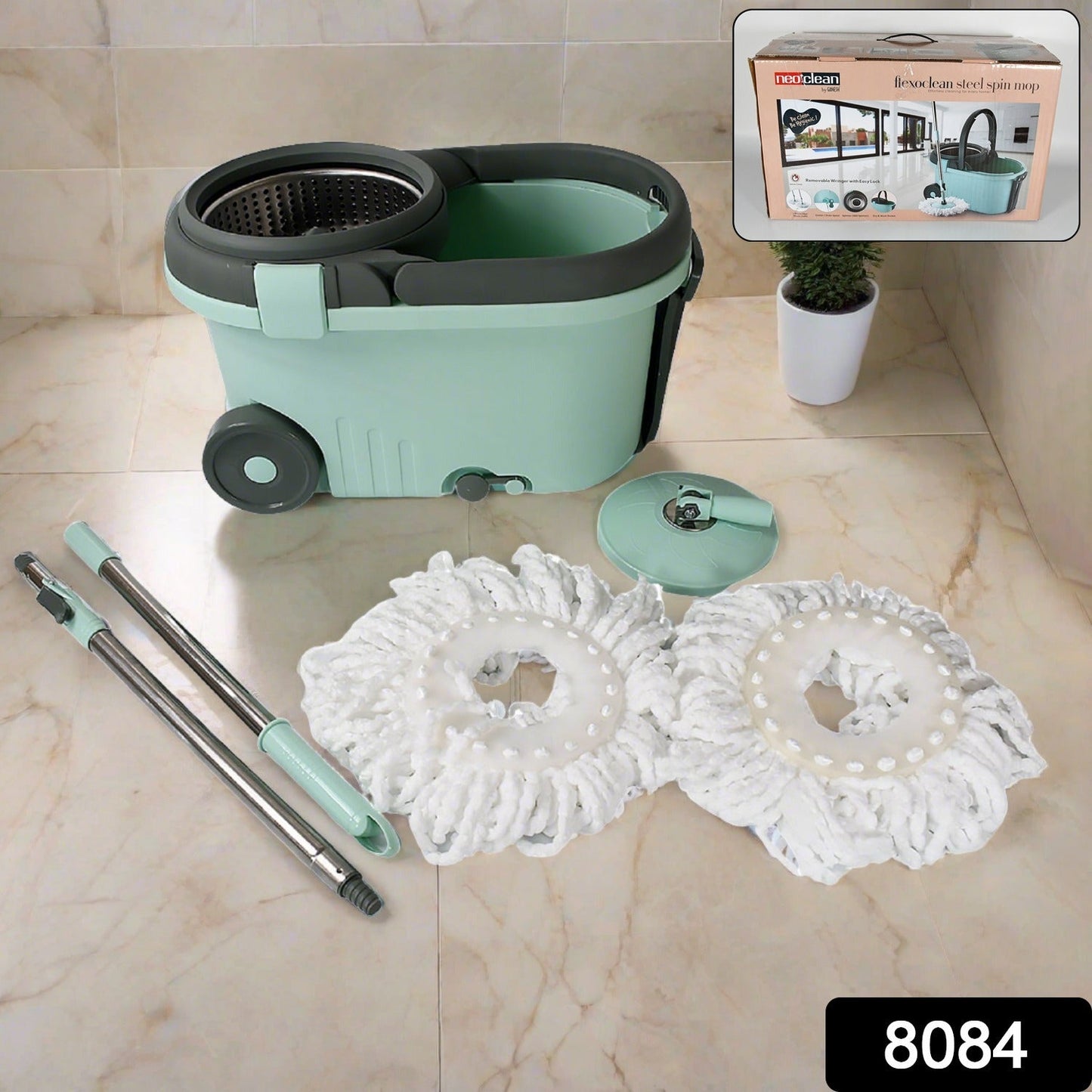 Ganesh Quick Spin Mop Steel Spin, Bucket Floor Cleaning, Easy Wheels & Big Bucket, Floor Cleaning Mop With Bucket, 2 Micro fiber head / Refill - Springkart 