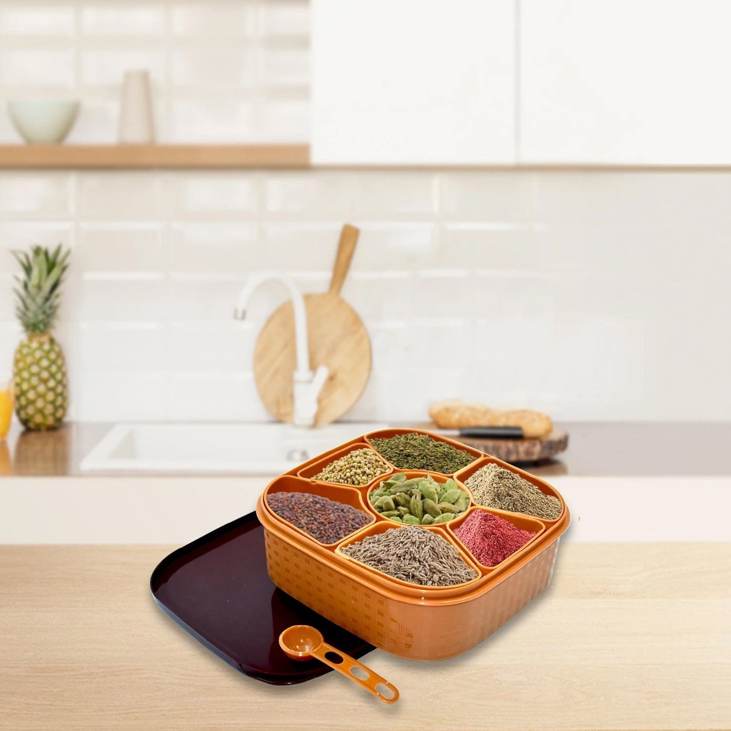Masala Box for Keeping Spices, Spice Box for Kitchen, Masala Container, Plastic Wooden Style, 7 Sections (Multi Color). - Springkart 