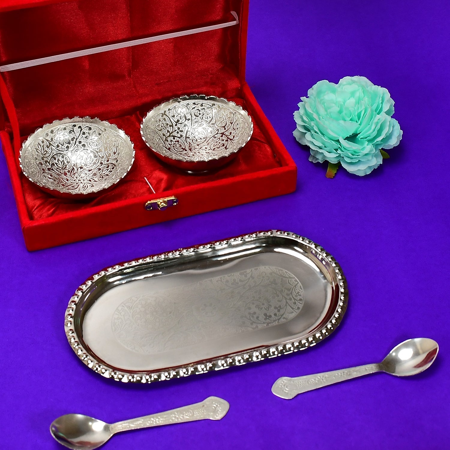 Silver Plated 2 Bowl 2 Spoon Tray Set Brass with Red Velvet Gift Box Serving Dry Fruits Desserts Gift, Bartan - Springkart 