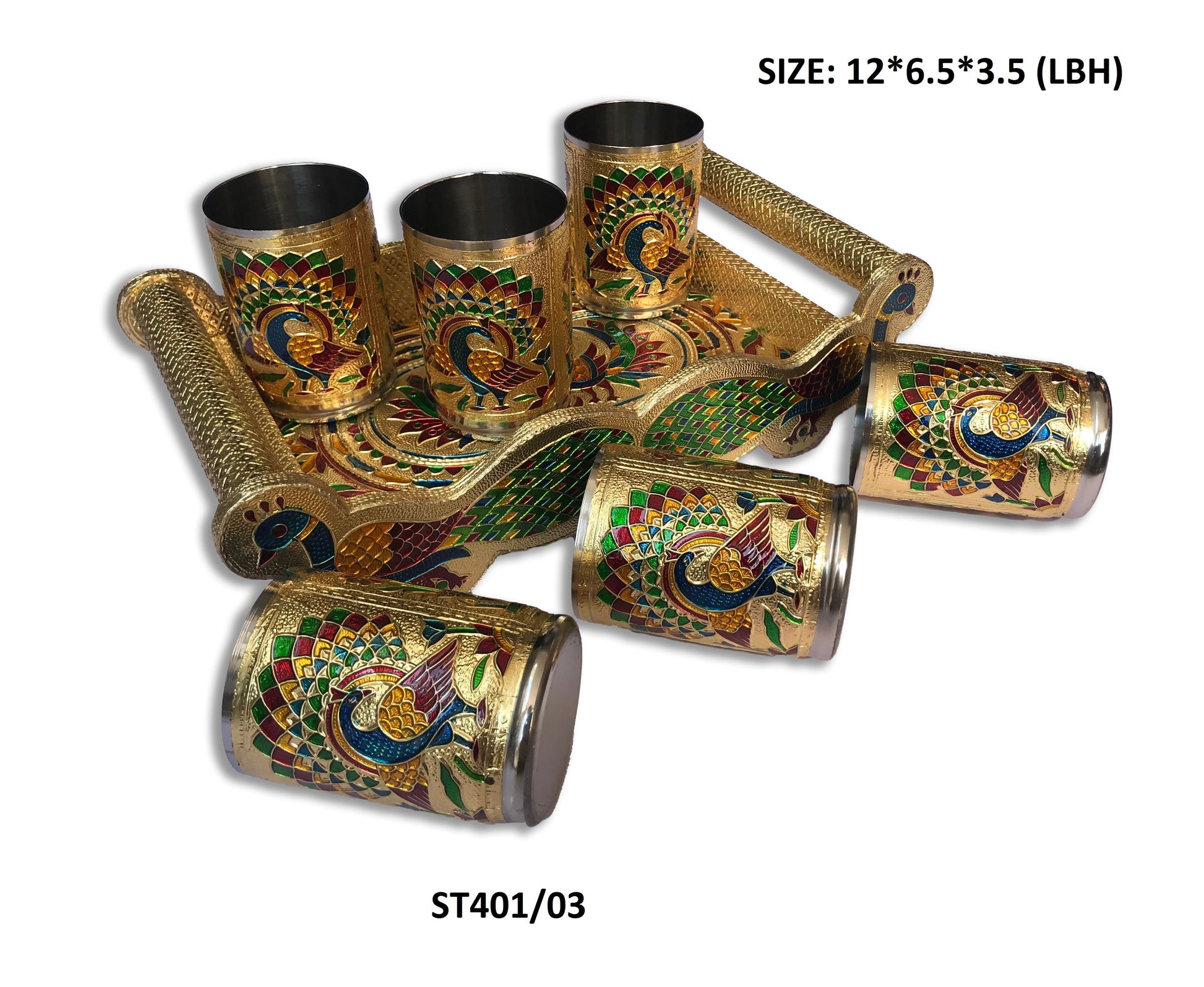 Peacock Design Glass with Handle and Handicraft Serving Tray Set - Springkart 