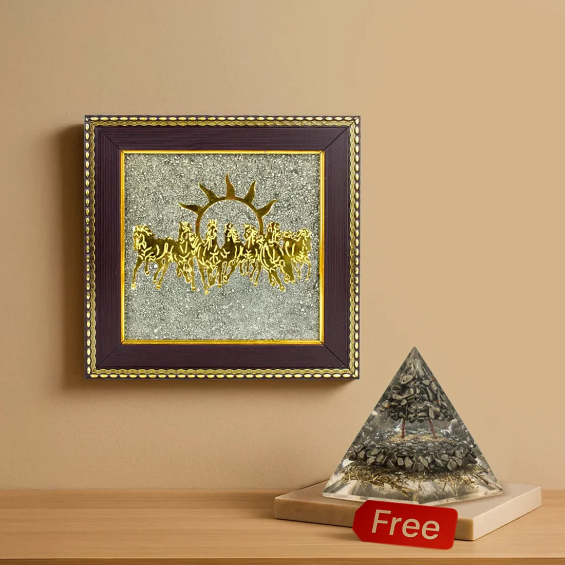 7 Horses on Raw Pyrite Frame with FREE Money Magnet Pyramid