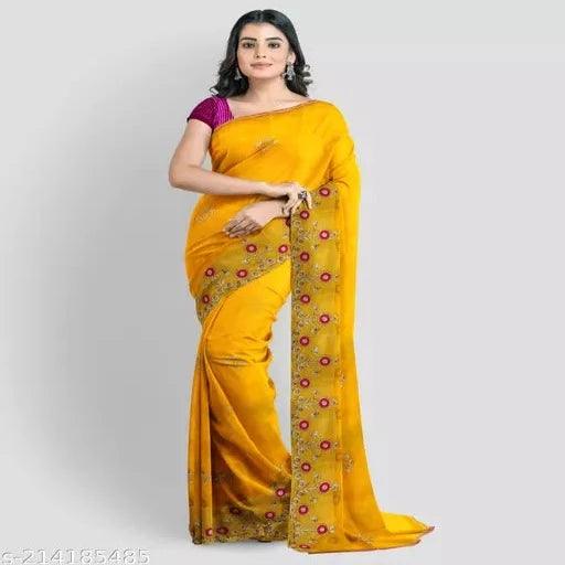 Yellow Pink Syclon Silk Net Zari EMBROIDERY SAREES - Springkart 