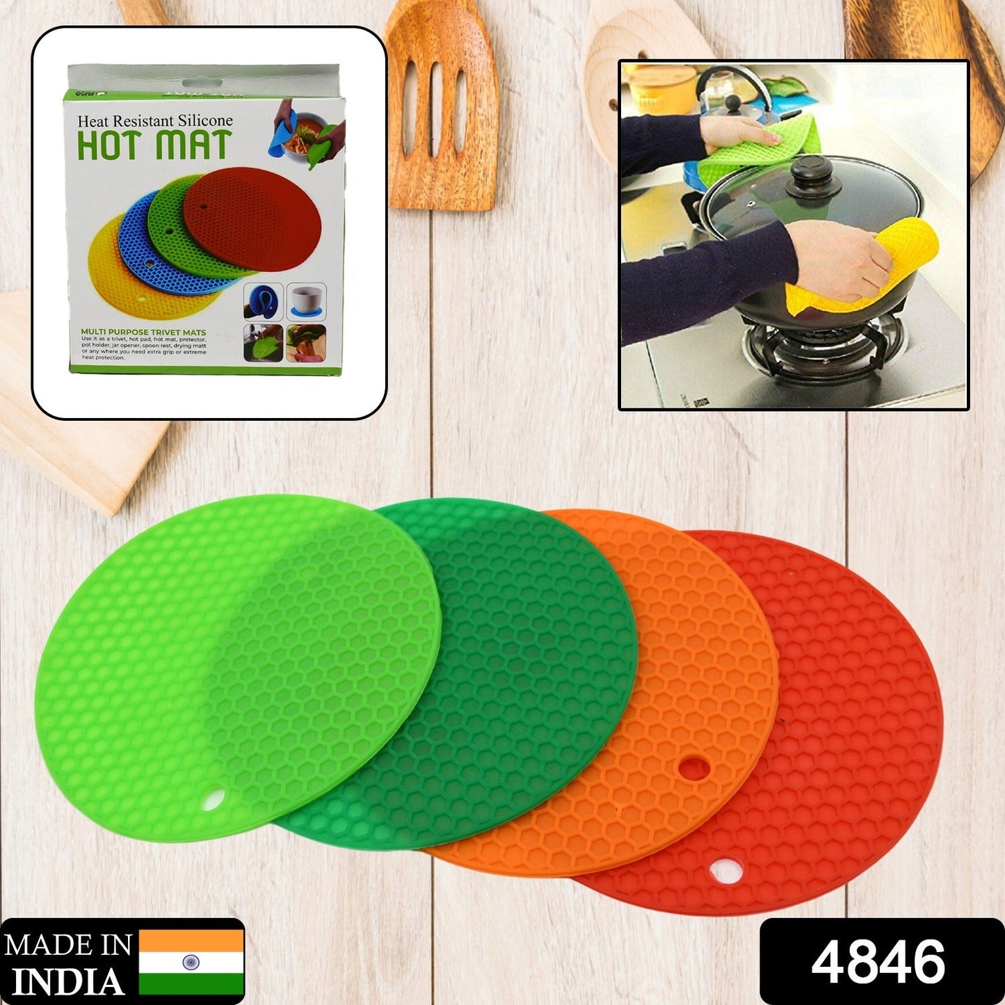 Mat, 4 Pc Silicon Hot Mat For Placing Hot Vessels And Utensils Over It Easily Without Having Any Visible Marks On Surfaces. - Springkart 