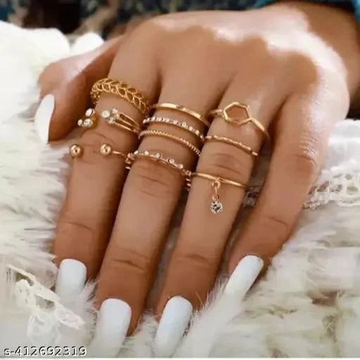 Girl Stunning Gold Plated AD Multi Desigsn Adjustable Rings Combo of 8pcs For Women Girls