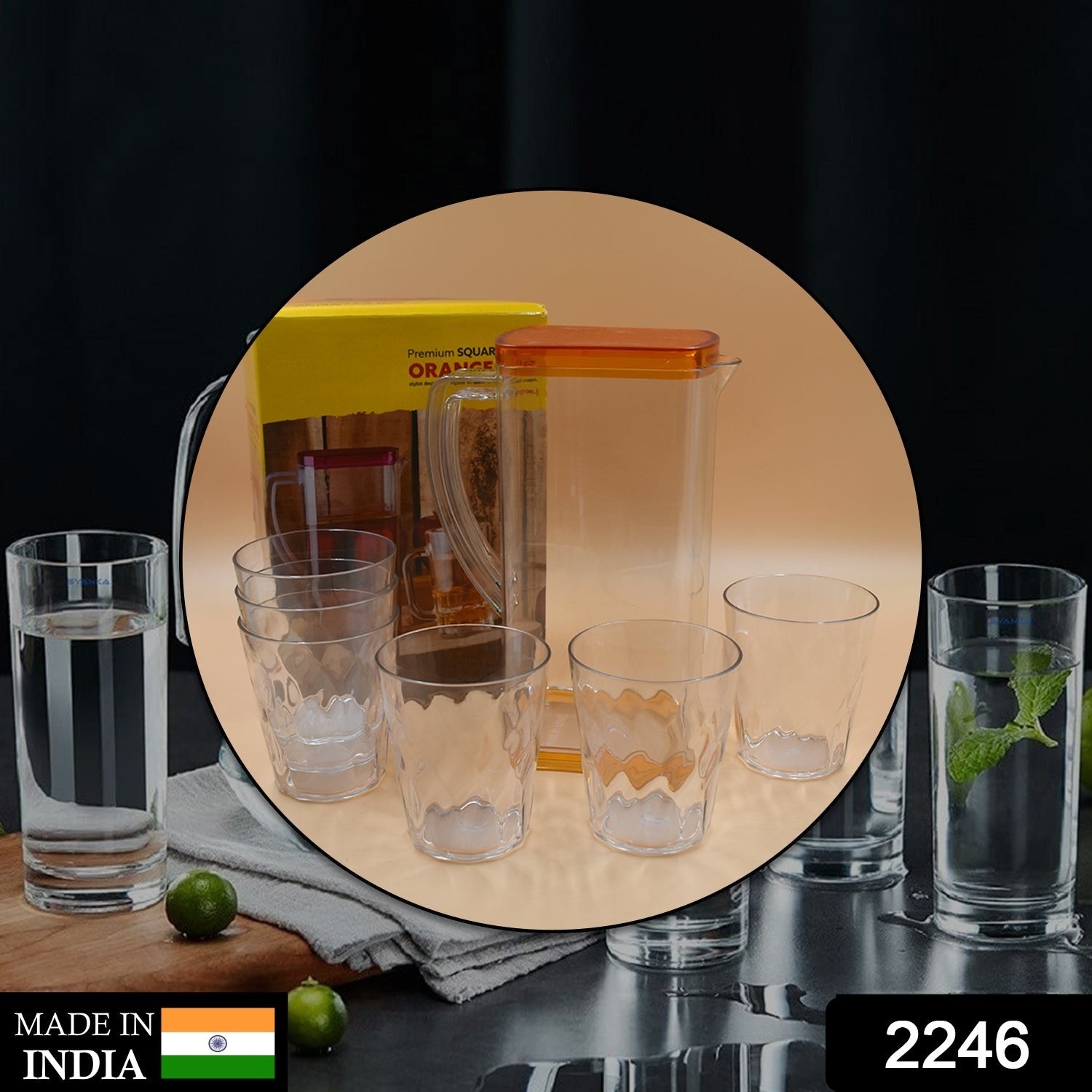 High-quality glass jug with ergonomic handle for easy pouring of beverages.