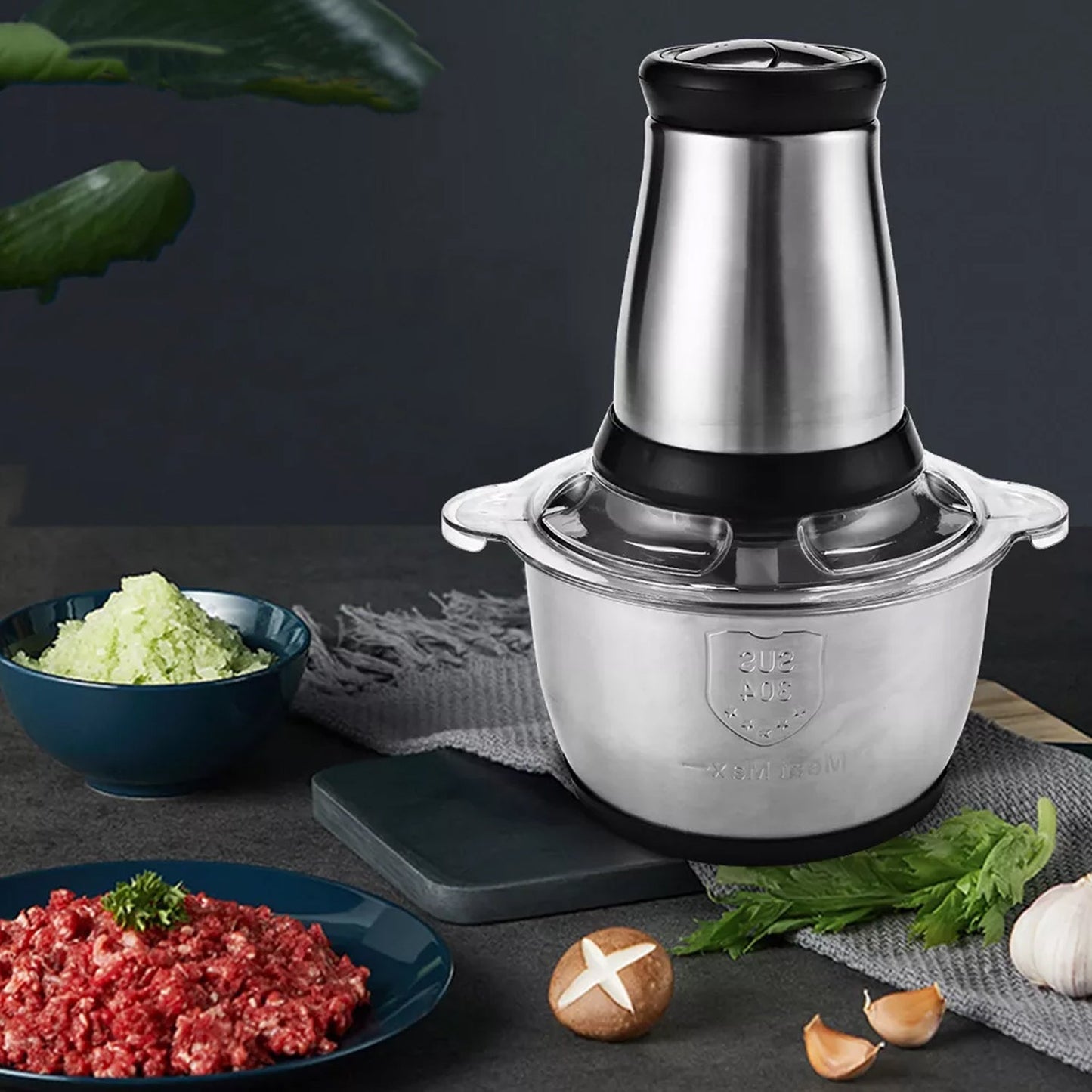 Electric food processor, 5 blades, stainless steel