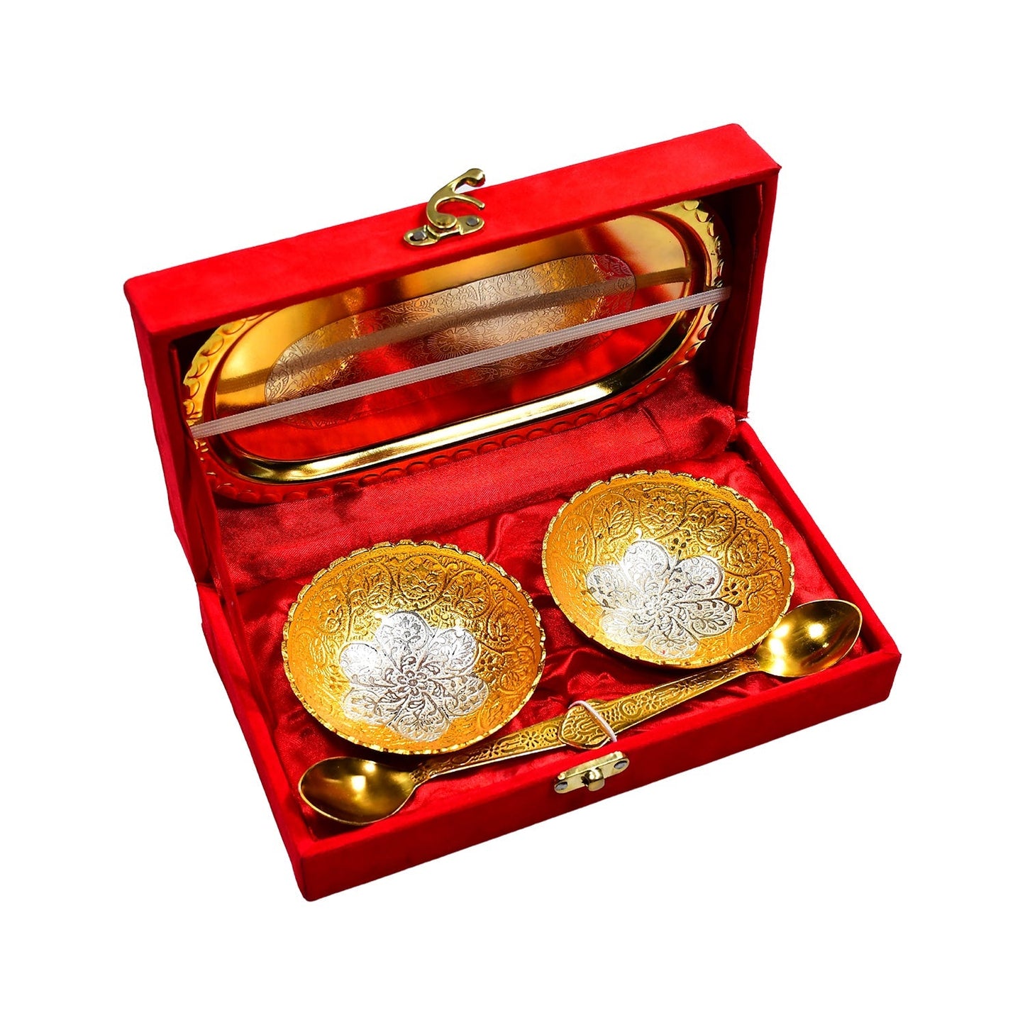 Gold Silver Plated 2 Bowl 2 Spoon Tray Set Brass with Red Velvet Gift Box Serving Dry Fruits Desserts Gift - Springkart 