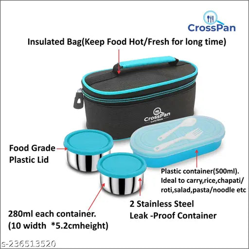 Lunch/Tiffin Box + Water Bottle (700ml)( Lunch Box 2 SS Container,1 Microwave Safe Container) Blue