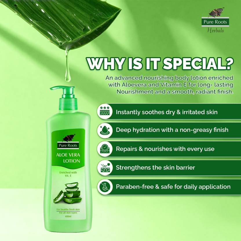 Pure Roots Herbals Aloe Vera Body Lotion For Men & Women - Pack of 2 ( 400ml * 2 )  (800 ml)