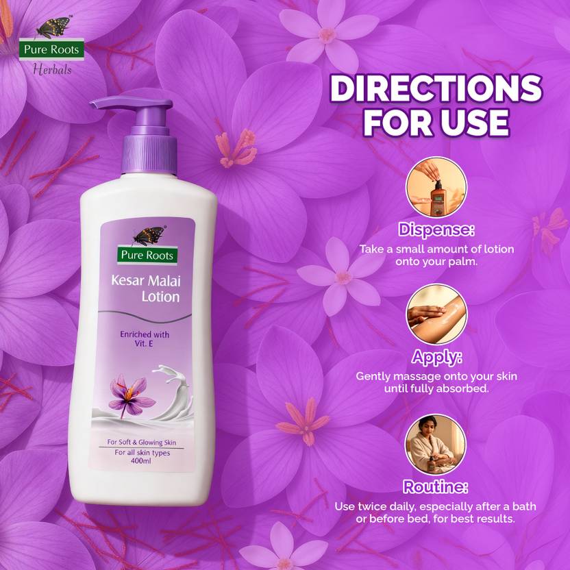 Pure Roots Kesar Malai Body Lotion 400ml (Pack of 2) | Nourishing & Fast Absorbing  (800 ml)