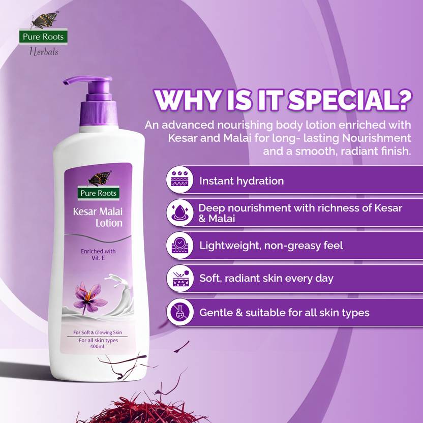 Pure Roots Kesar Malai Body Lotion 400ml (Pack of 2) | Nourishing & Fast Absorbing  (800 ml)