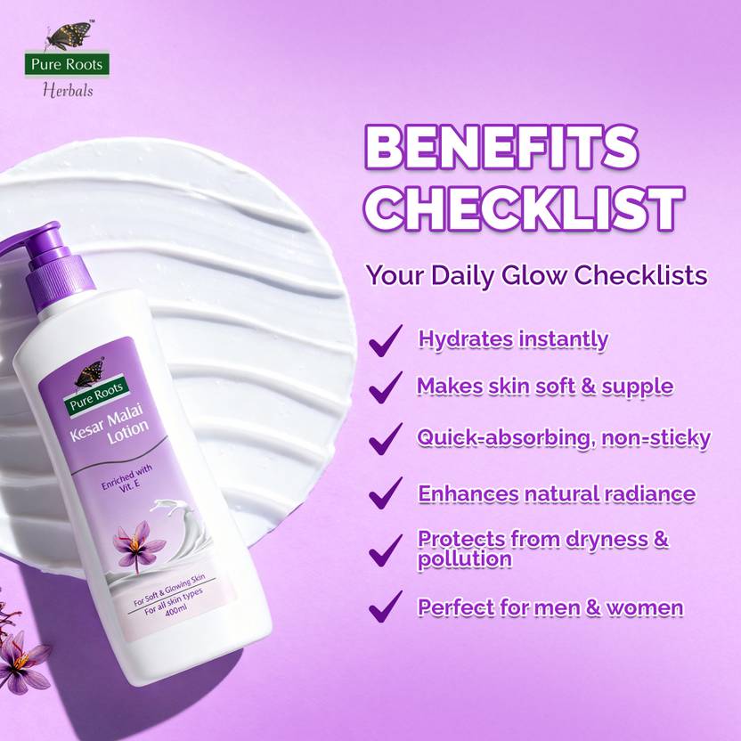 Pure Roots Kesar Malai & Cocoa Butter Body Lotion Combo 400ml Each Pack of 2 - Total  (800 ml)