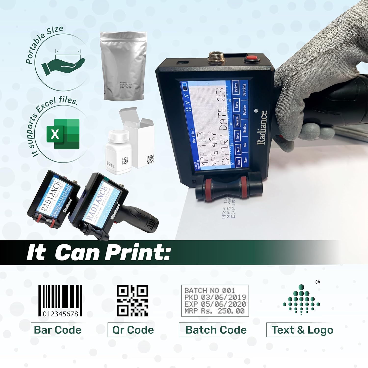 Radiance Business Solutions ABS Lite Handheld TIJ Printer – 12.7mm Portable Batch Coding Machine – Lightweight Ergonomic Design with 4.3 Inch Touchscreen – for Expiry Date, MRP, Logos & QR Codes