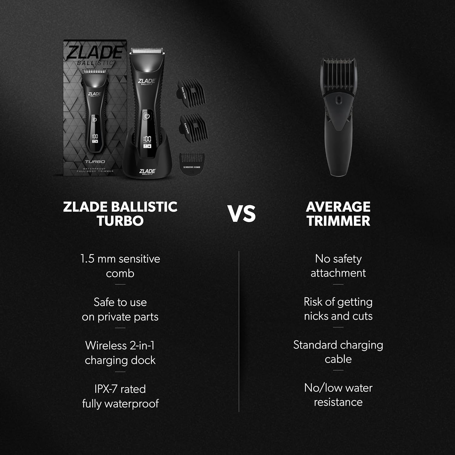 Zlade Ballistic TURBO 3.0 Full Body Manscaping Trimmer for Men | Beard, Body, Balls, Pubic Hair, Private Parts | IPX7 Waterproof, No Nicks or Cuts | 90 Mins Non Stop Runtime | 5 Mins Wireless or USB C Fast Charging | 2 Speed Turbo Mode for Beard or Body