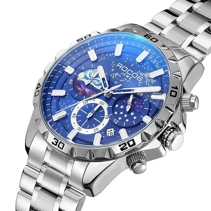 R0916 Men’s Luxury Quartz Watch – Deep Blue-Black Dial, Stainless Steel Strap, Waterproof & Luminous Analog Watch with Date & Moon Phase